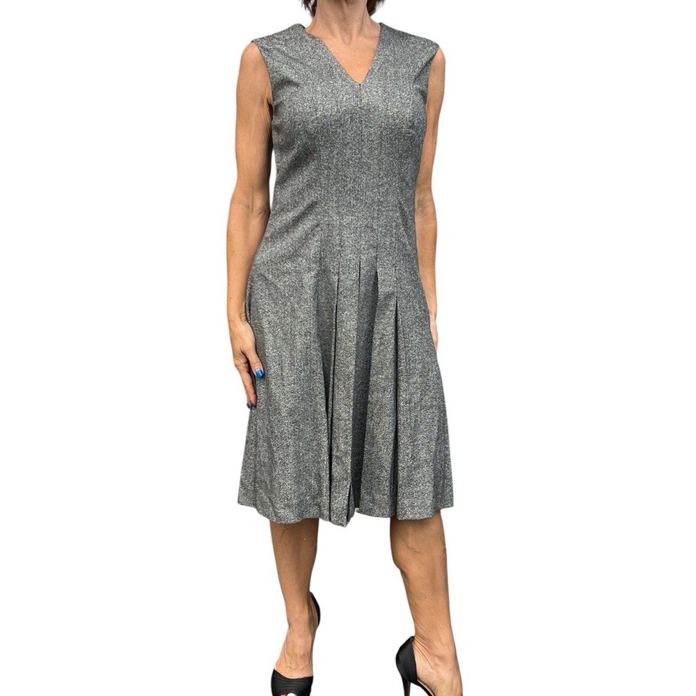 Carolina Herrera Italy Virgin Wool Tweed Dress Sleeveless Pleated VNeck A Line 8